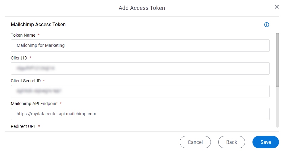 Mailchimp Access Token Configuration screen