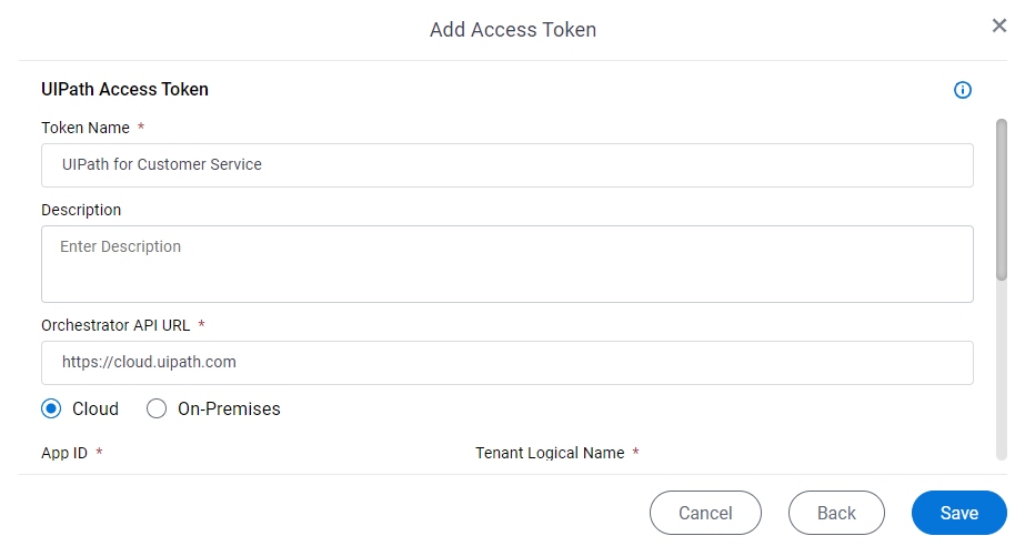 UiPath Access Token Configuration screen