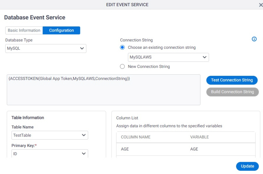 Edit Event Service Database Insert Configuration tab