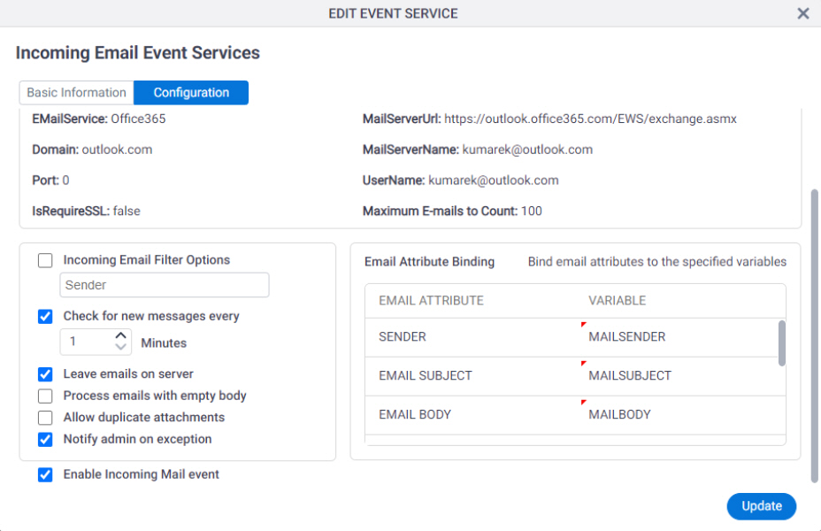 Edit Event Service Incoming E-mail Configuration tab