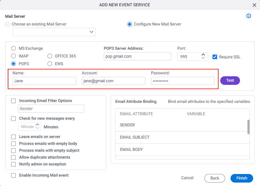 Incoming E-mail Configure New E-Mail Server Password screen