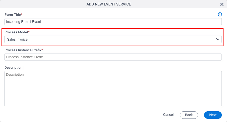 Incoming E-mail Process Model field