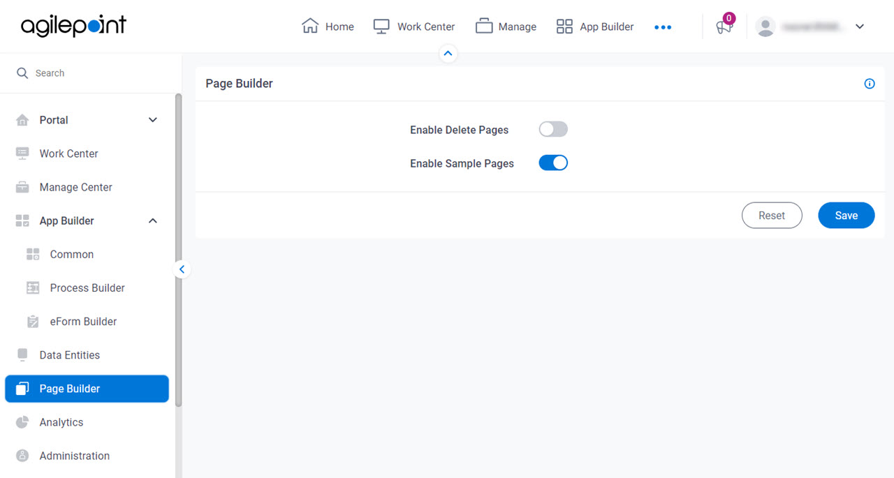 Pages Builder Settings screen