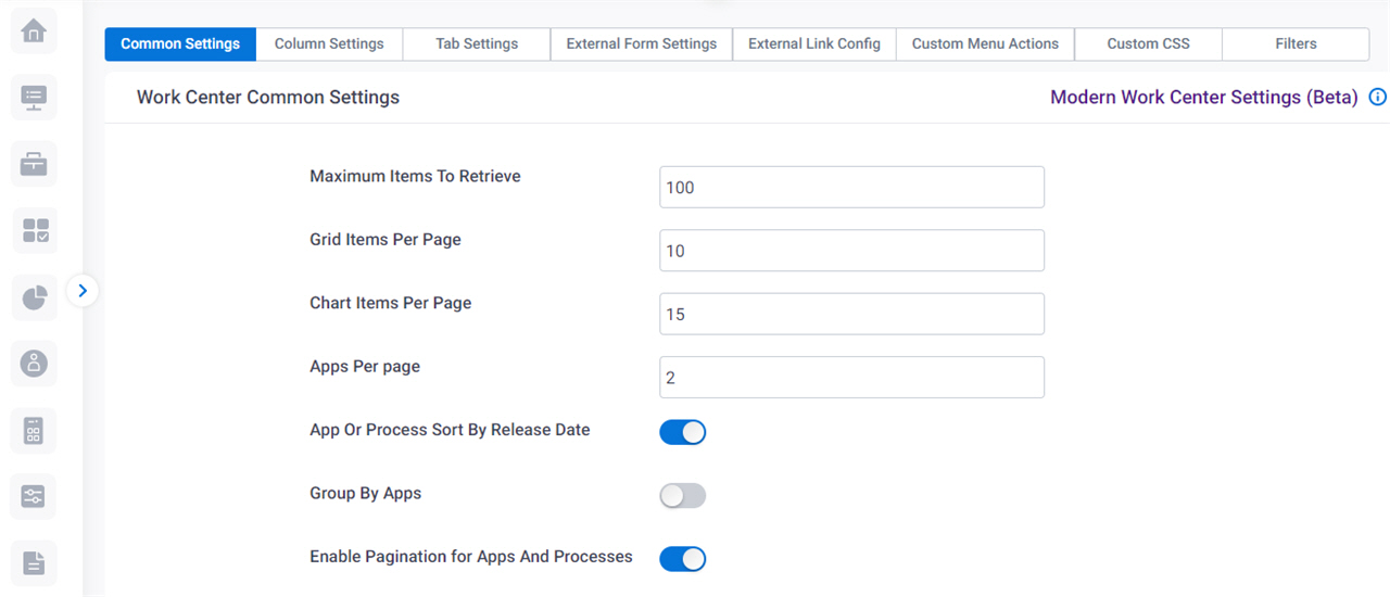 Work Center Common Settings screen