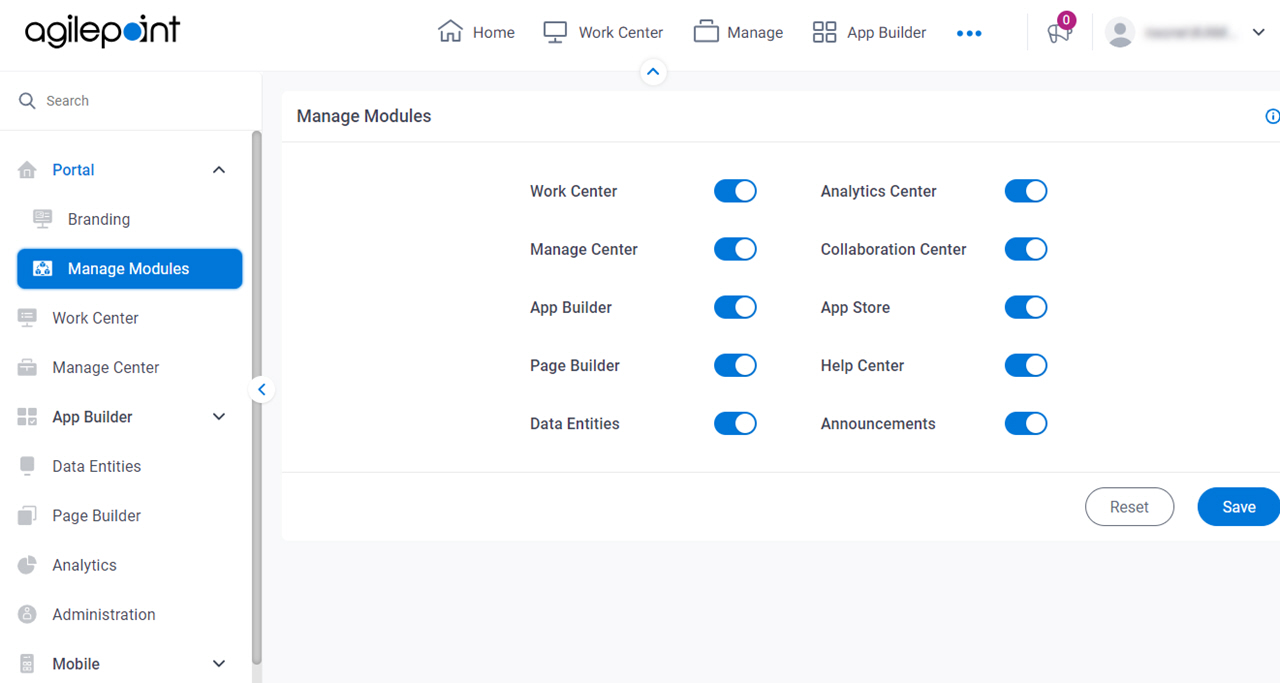 Portal Manage Modules screen