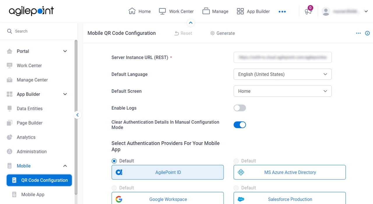 Mobile QR Code Configuration screen