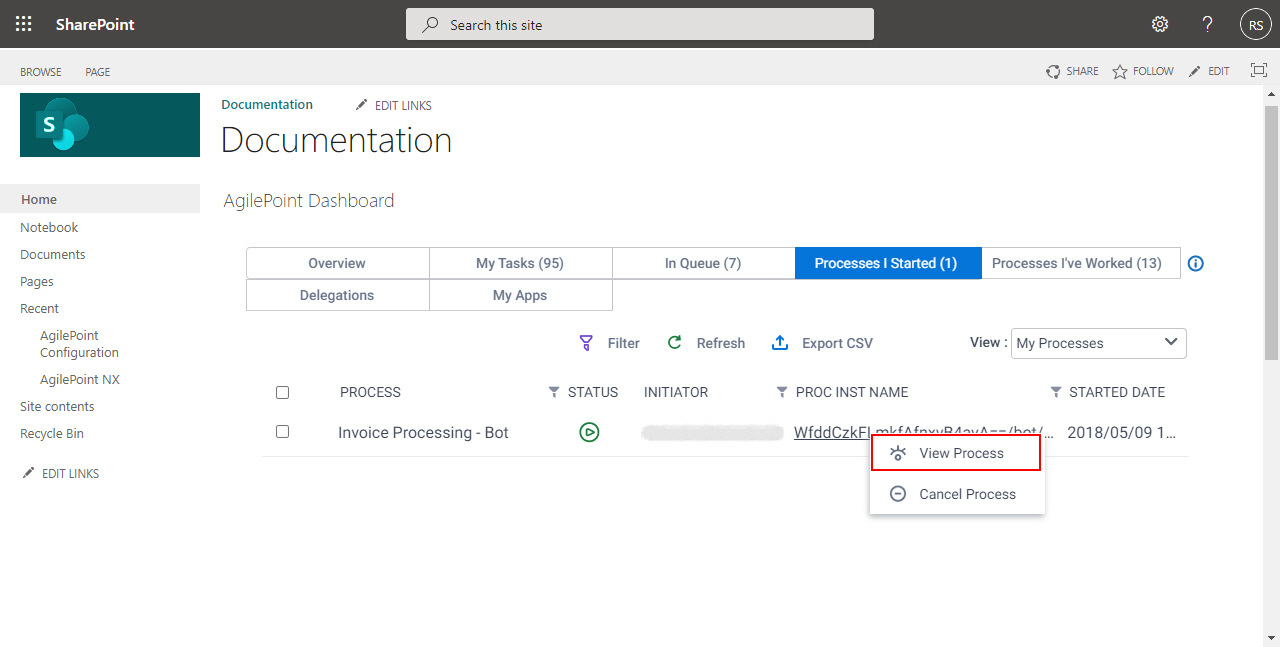 Click Process I Started View Process