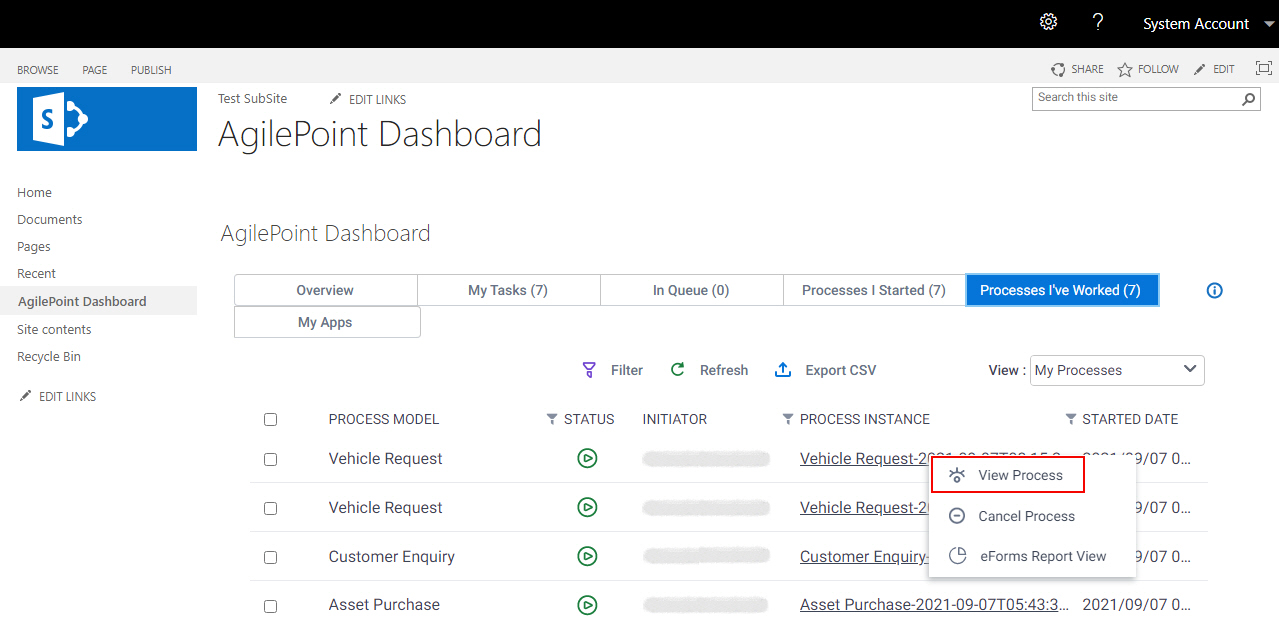 Click Process I Worked View Process