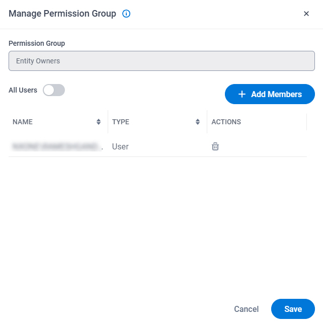 Entity Designers Manage Permission Group screen