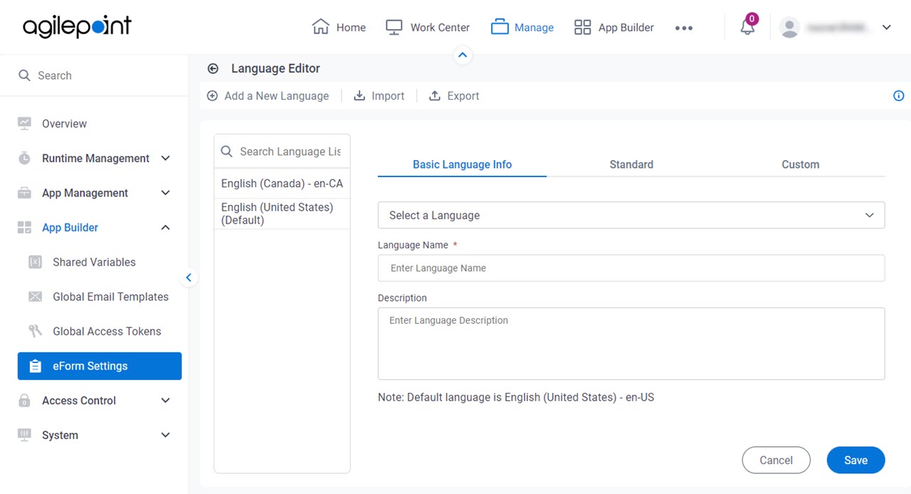 Add a New Language Basic Language Info tab