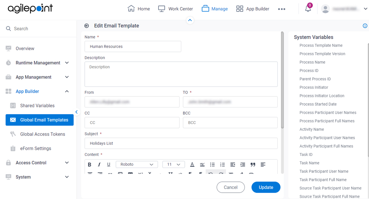 Edit Email Template screen