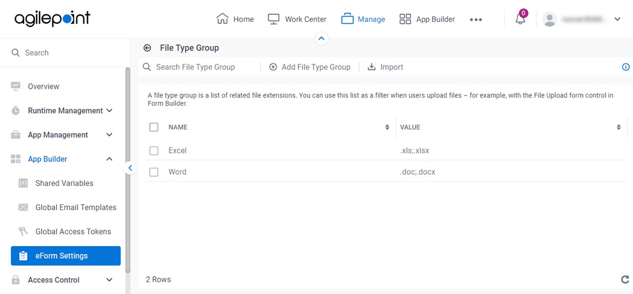 File Type Group screen