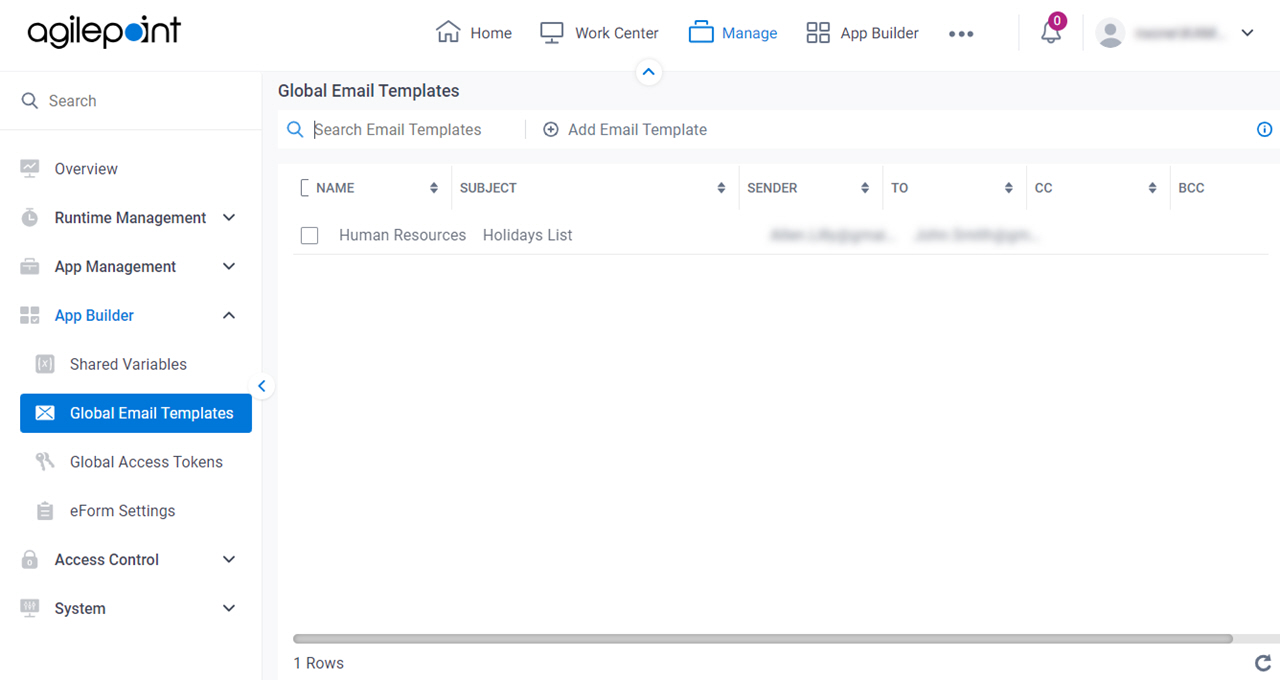 Global Email Templates screen
