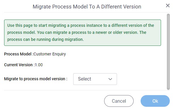 Migrate Process Model To A Different Version screen