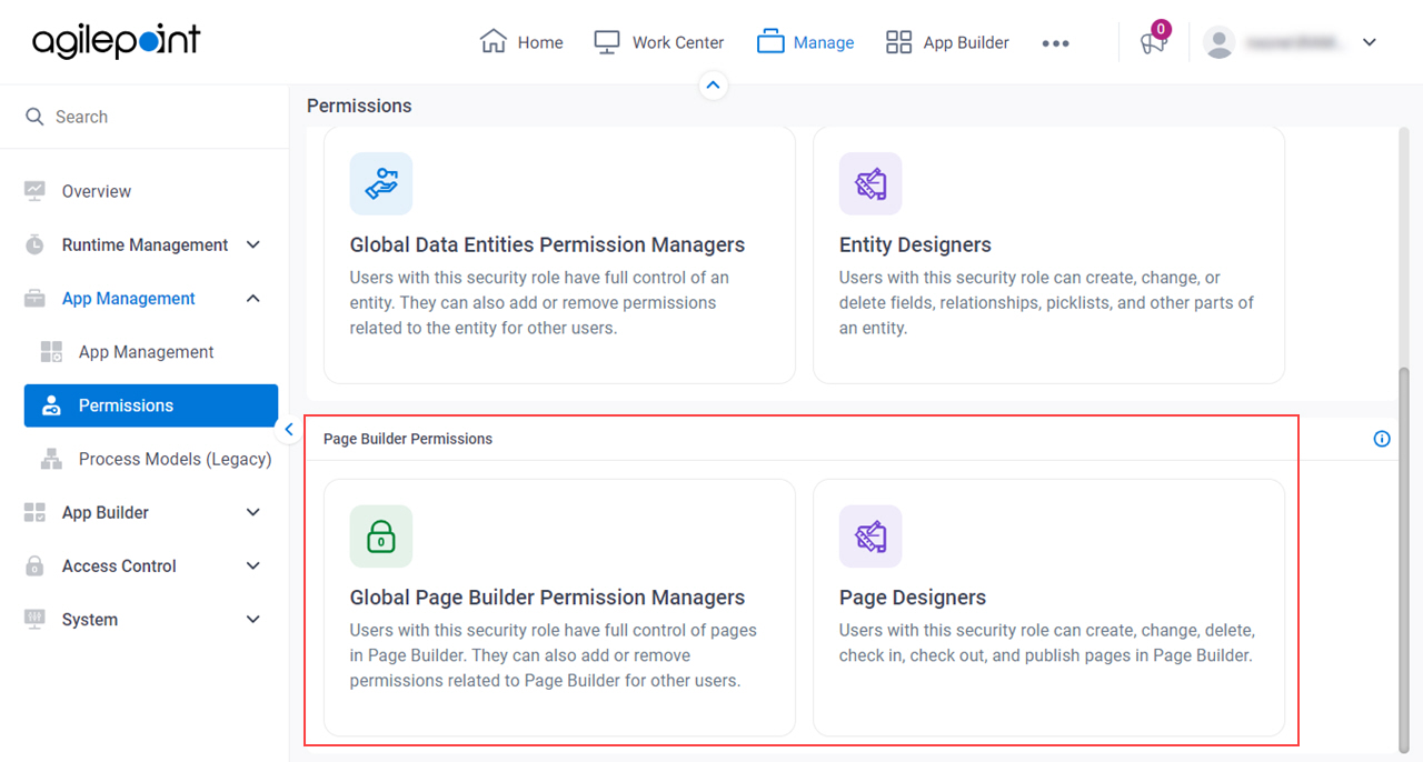 Page Builder Permissions screen