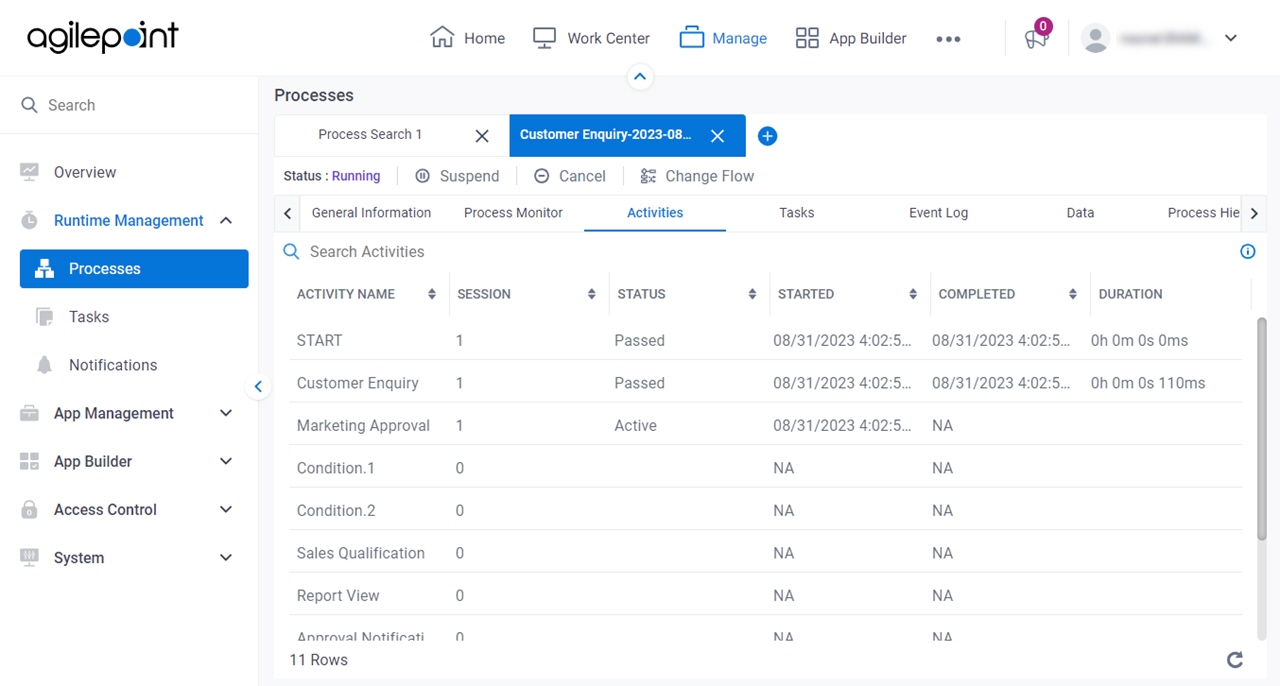 Process Detail Activities tab