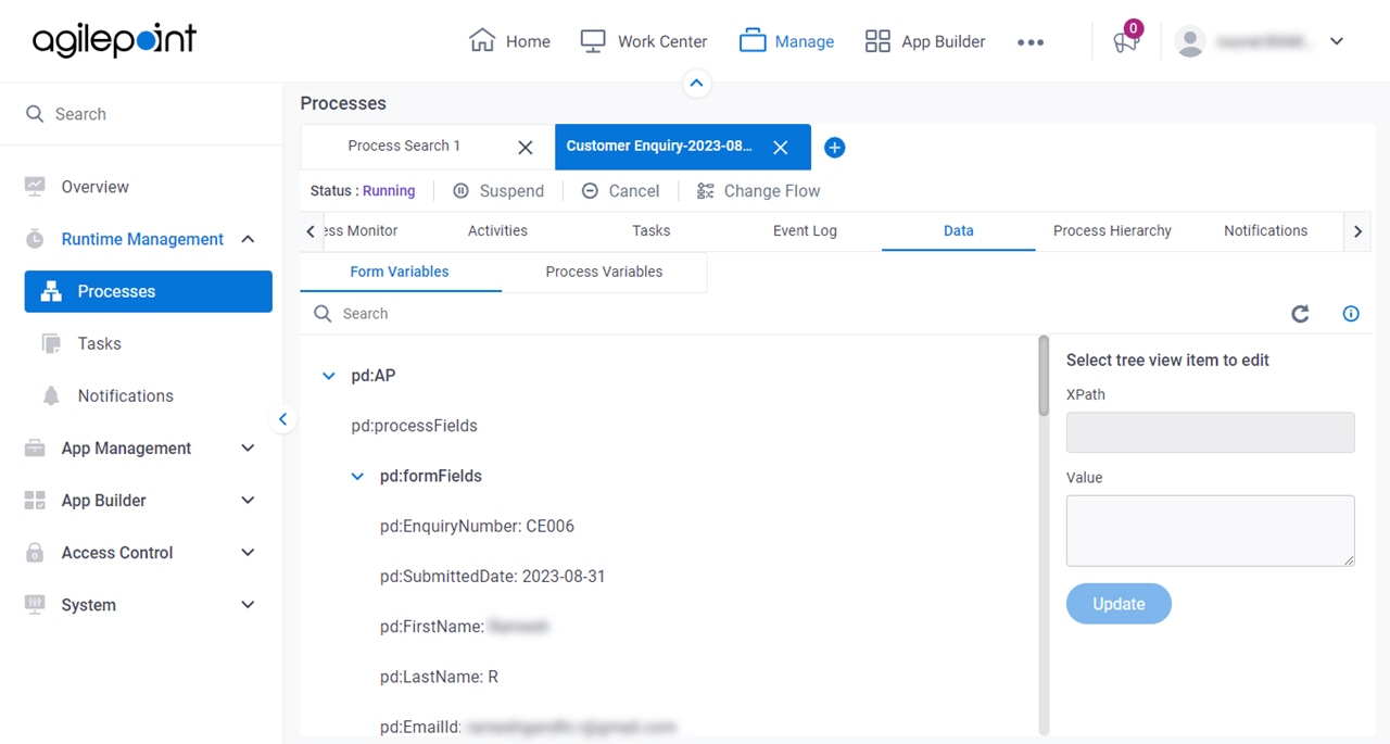 Process Detail Data tab