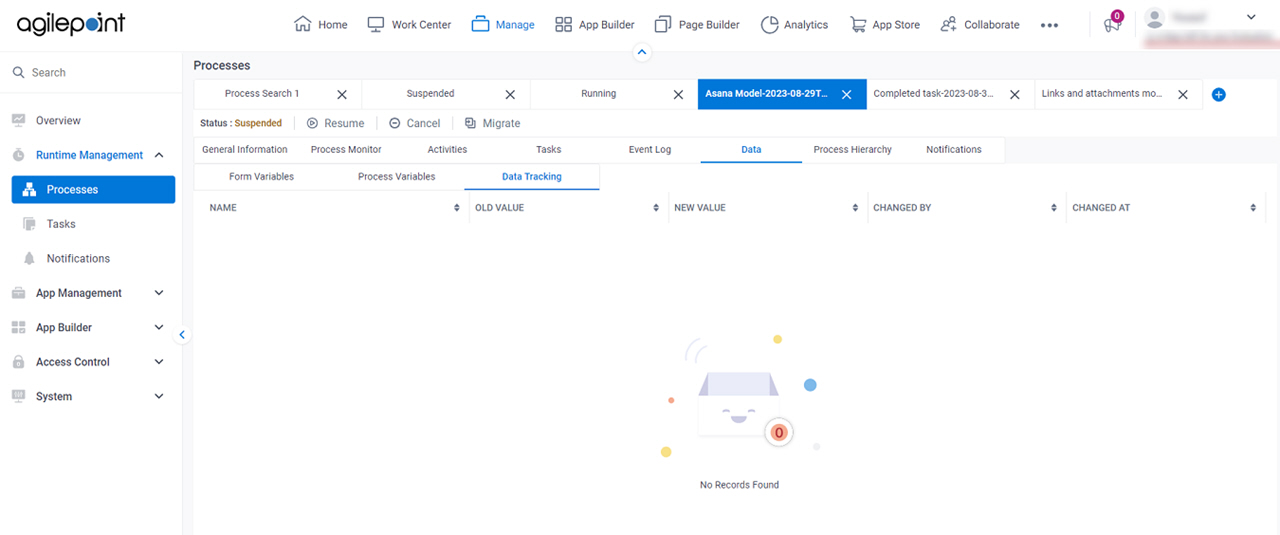 Process Detail Data Tracking tab