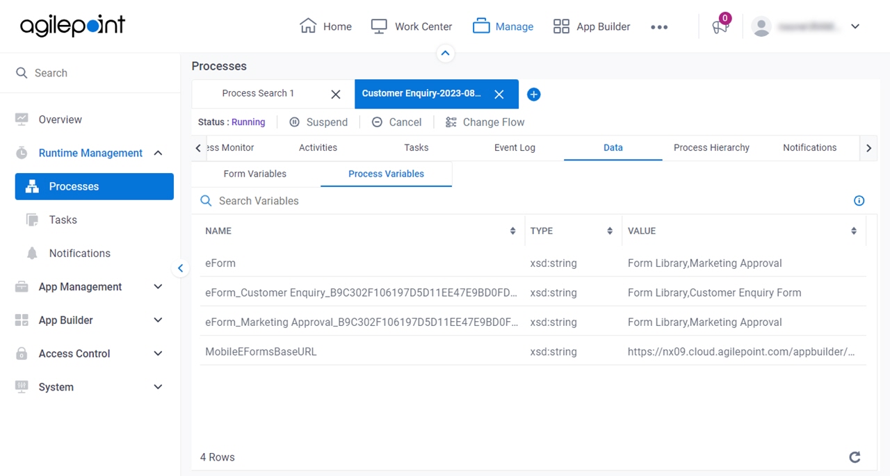 Process Detail Data Process Variables tab