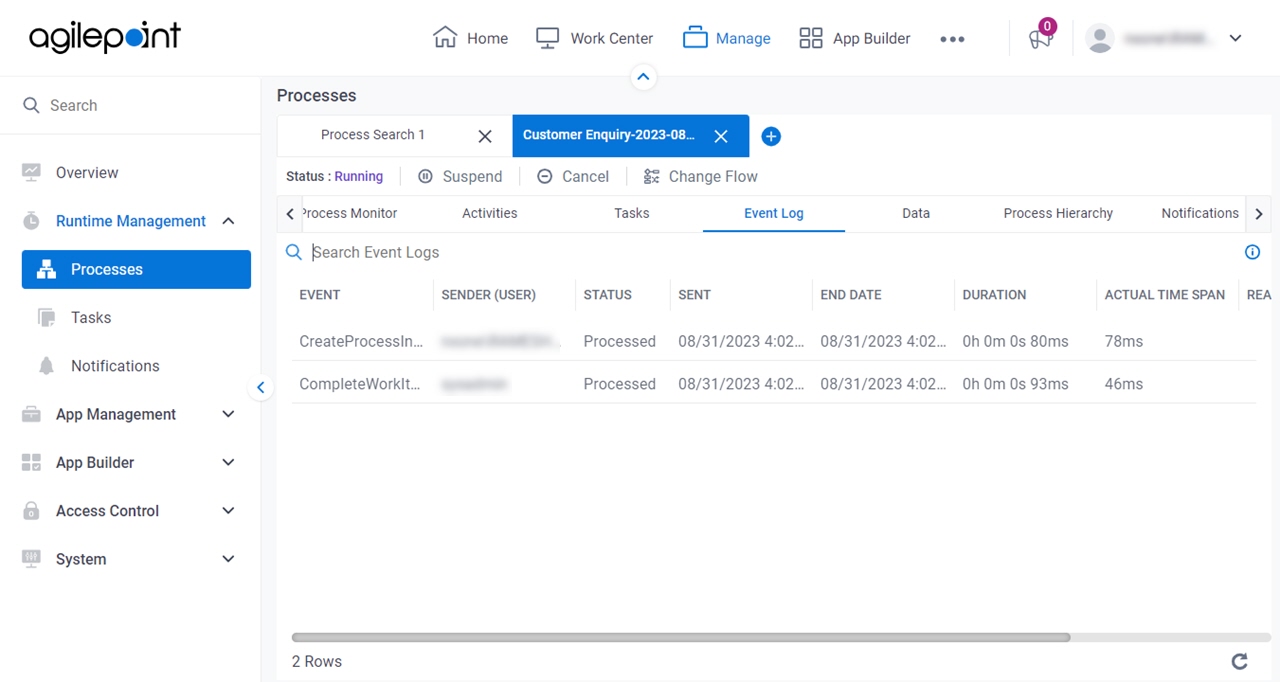 Process Detail Event Log tab