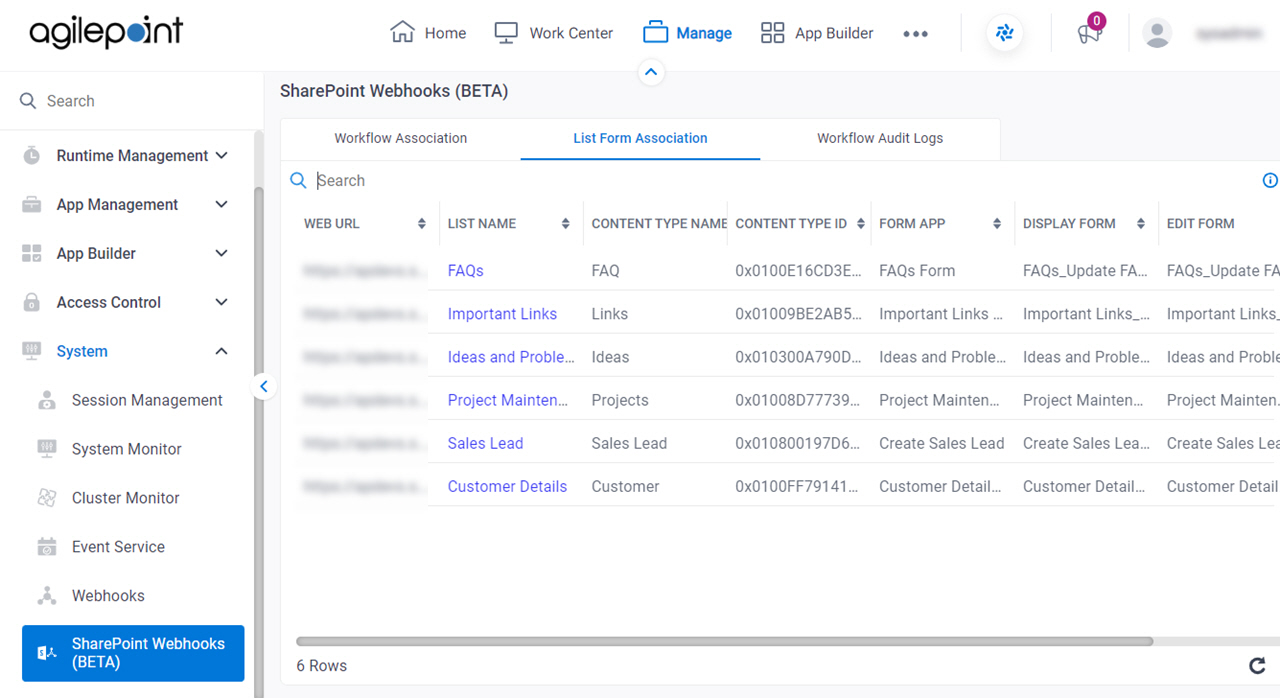 SharePoint Webhooks List Form Association tab