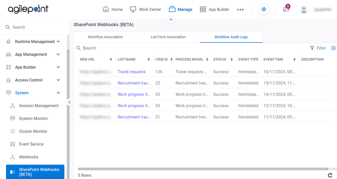 SharePoint Webhooks Workflow Audit Logs tab