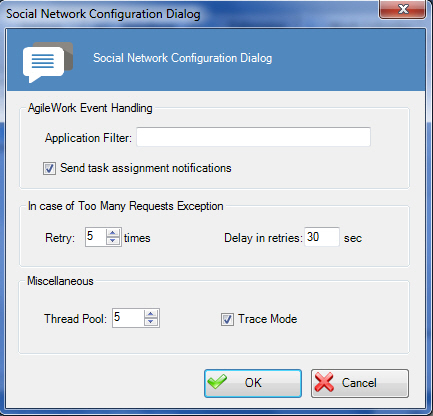 Social Network Configuration Dialog screen