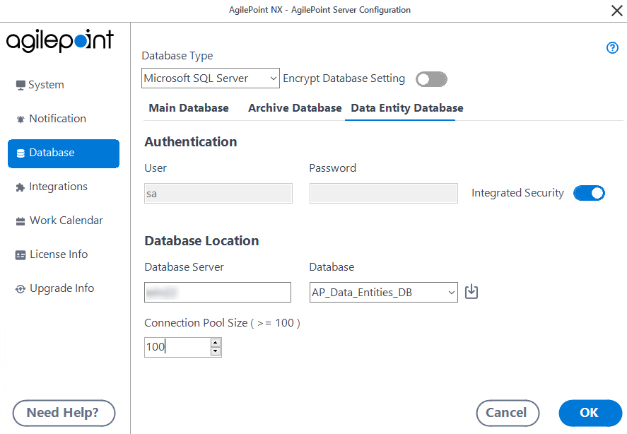 Data Entity Database tab