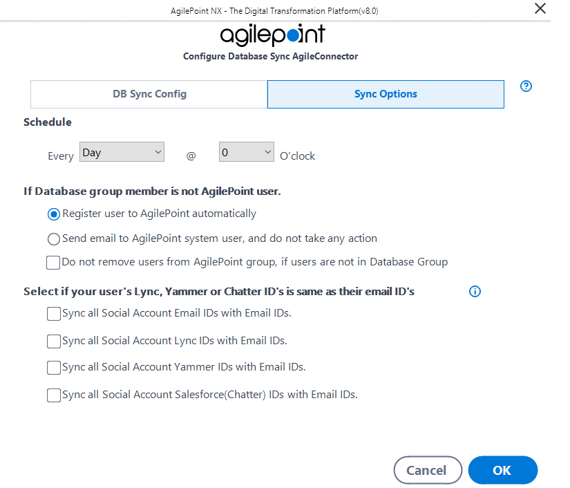 Configure Database Sync AgileConnector Sync Options tab