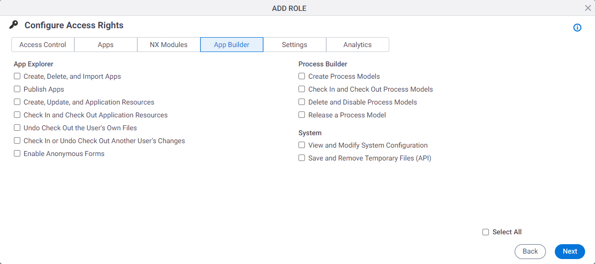 Configure Access Rights Application Bulider tab