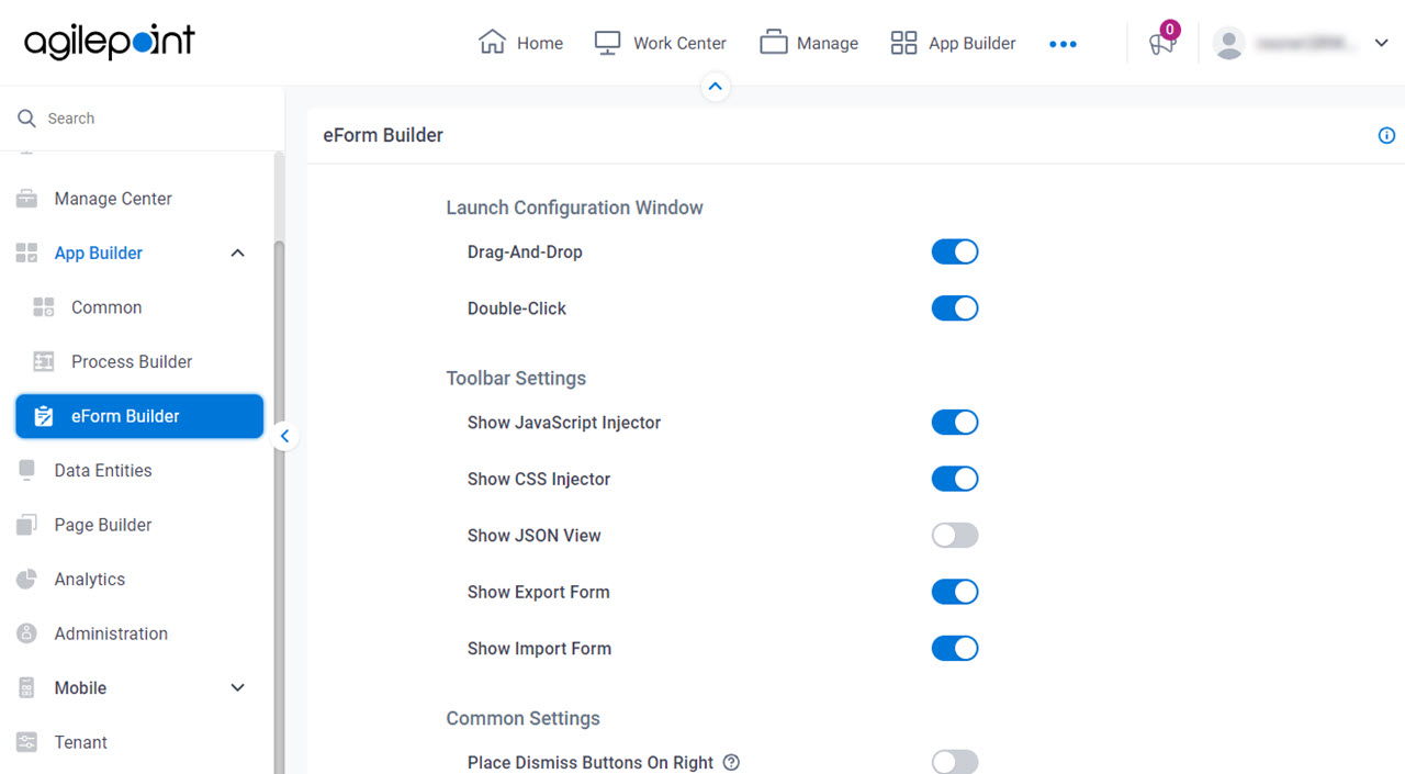 Build Apps Form Designer Settings screen