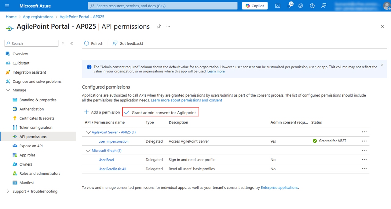 Click Grant Admin Consent