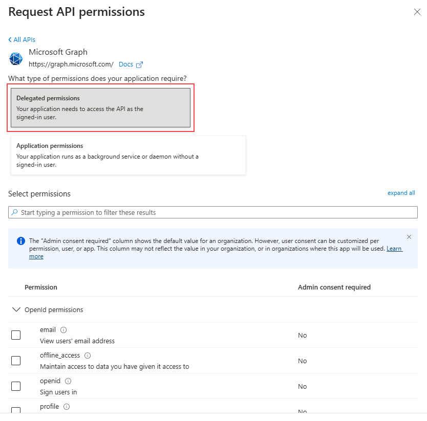 Click Delegated permissions