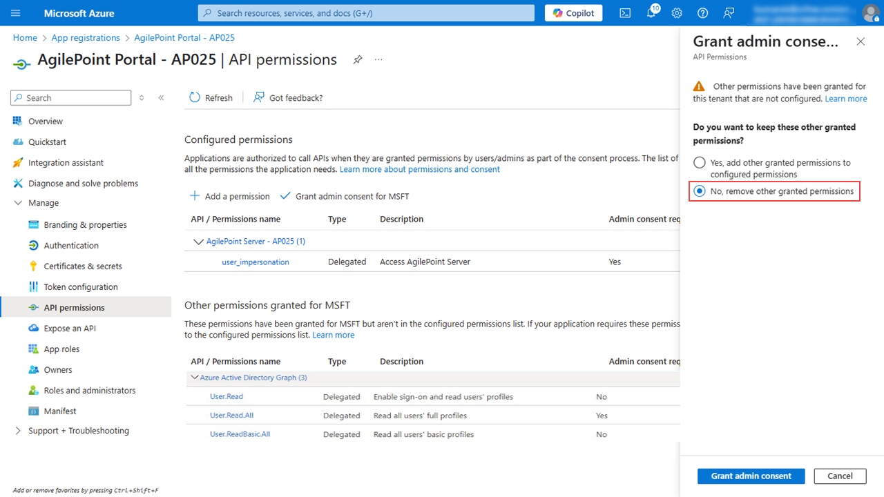 Select No remove granted permissions
