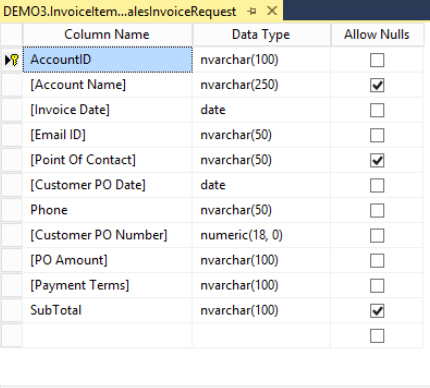 Sales Invoice Request Table screen