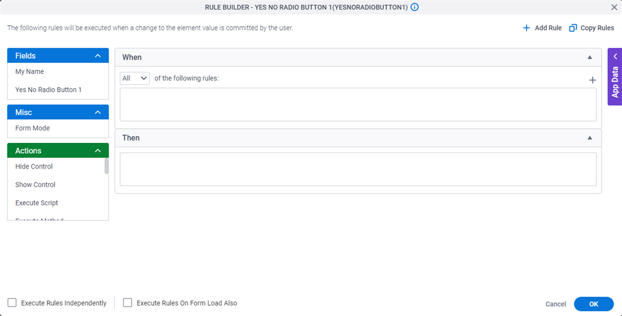 Rule Builder Yes No Radio button