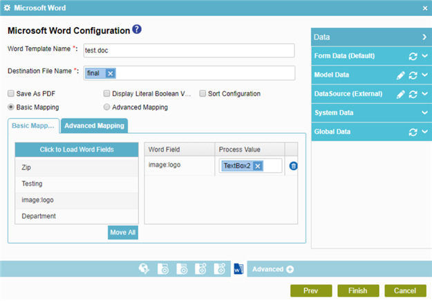 Microsoft Word Configuration screen