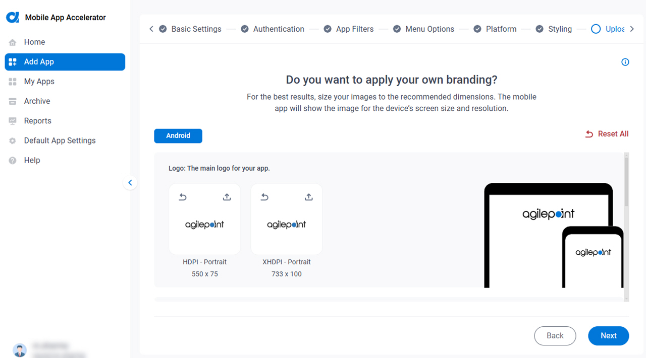 Do you want to apply your own branding? screen