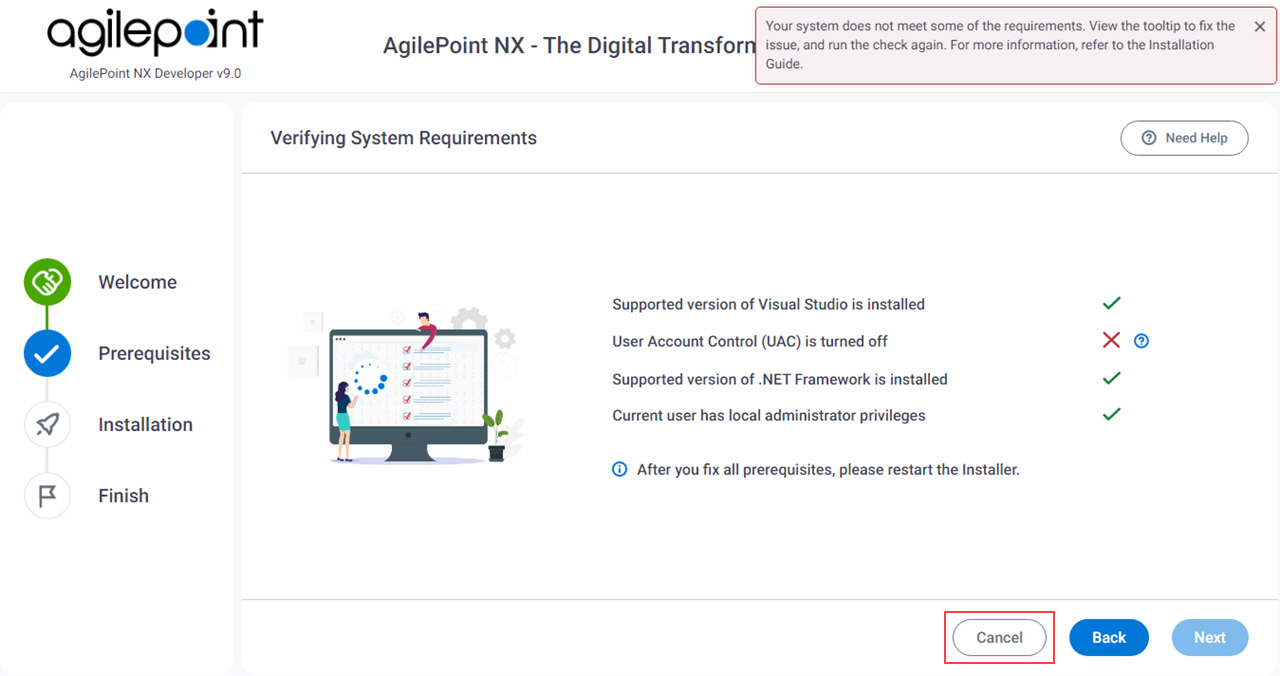 Verifying System Requirements Error screen AgilePoint NX Developer