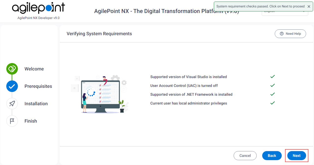 Verifying System Requirements screen AgilePoint NX Developer