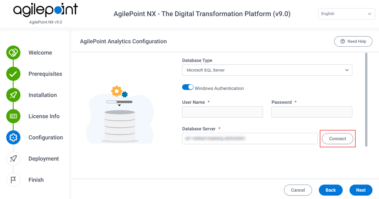 Data Entities Configuration Database Server field