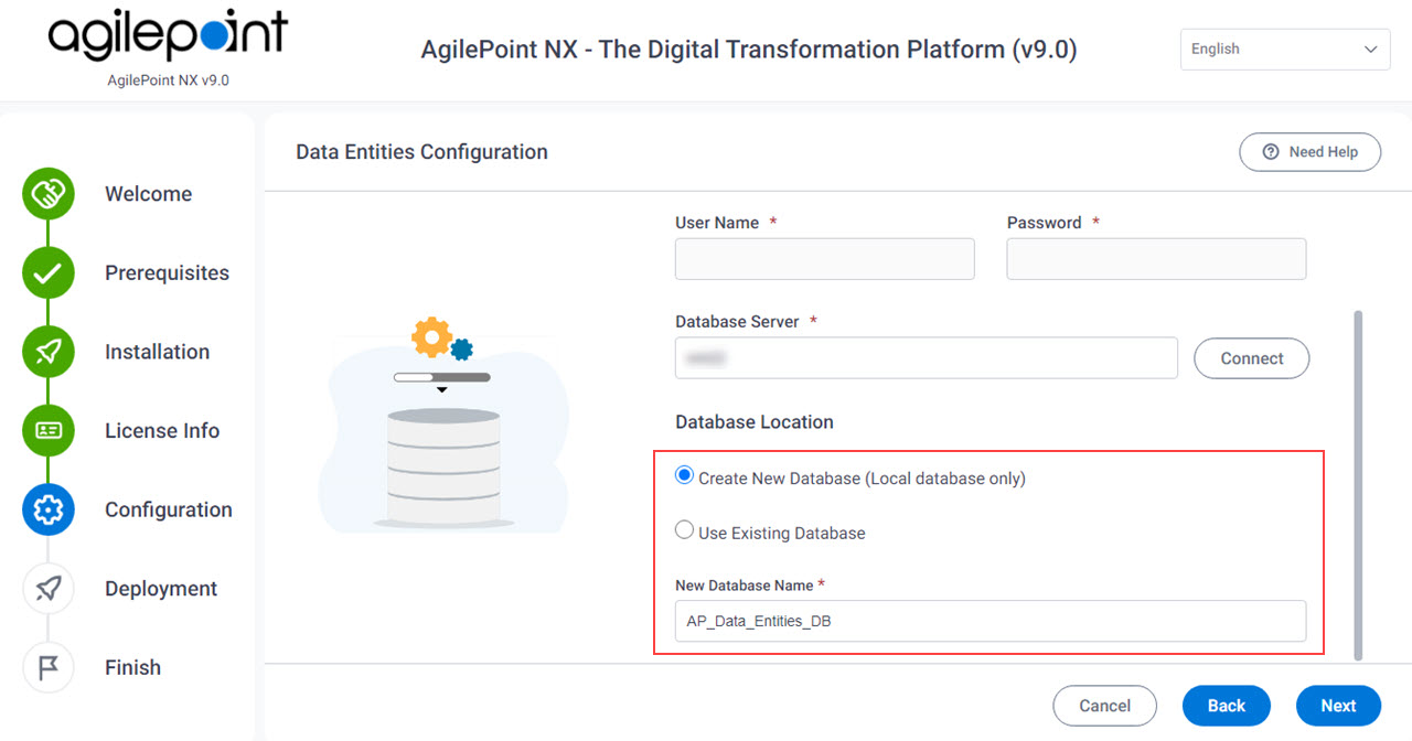 Data Entities Configuration Database screen