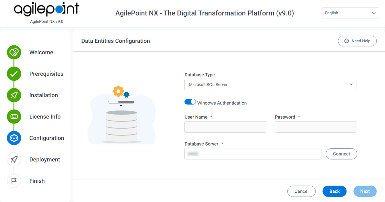 Data Entities Configuration Database Authentication screen