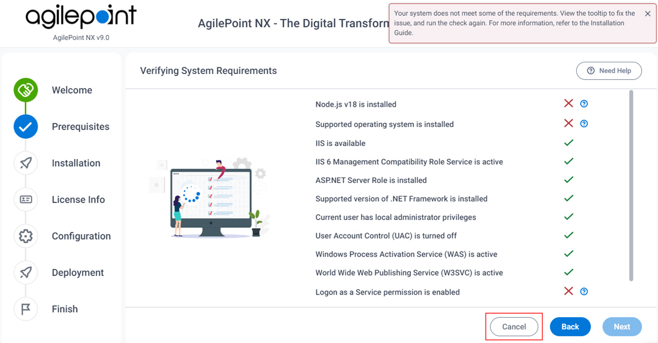 Verifying System Requirements screen AgilePoint Server