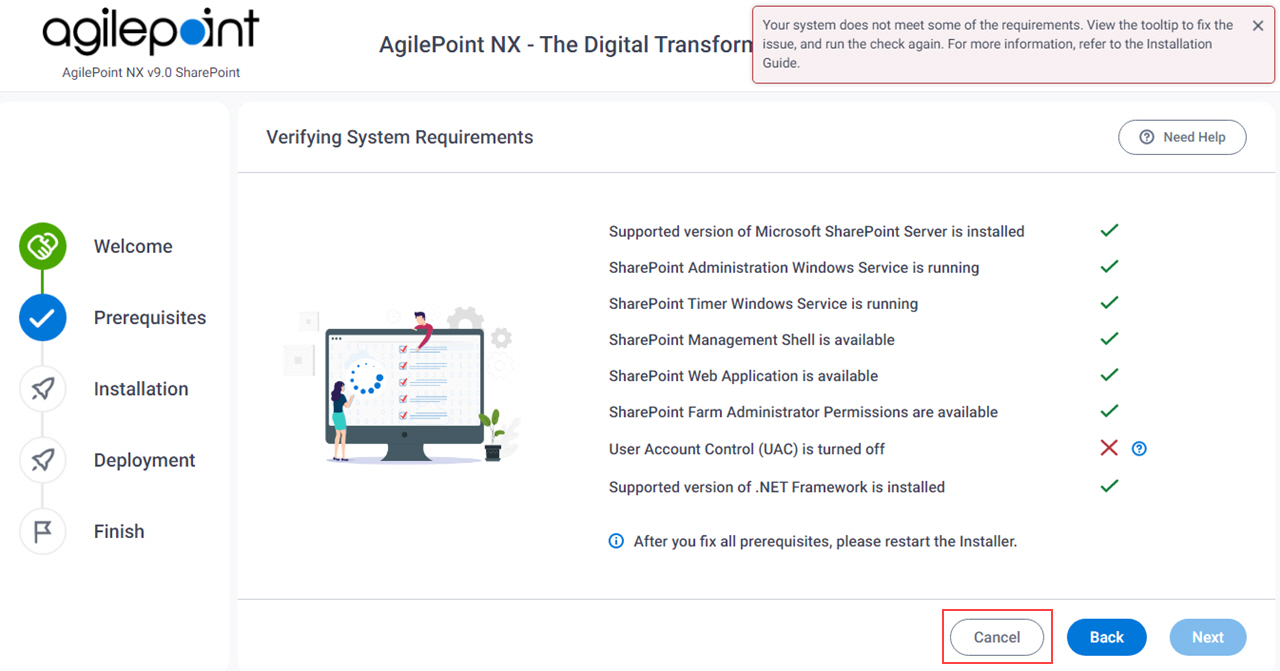 Verifying System Requirements Error screen SharePoint