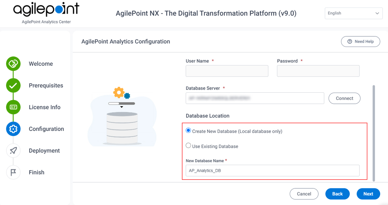 Analytics Center Configuration Reports Database screen