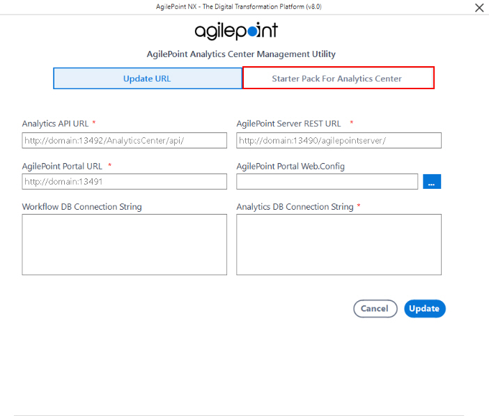 AgilePoint Analytics Center Management Utility screen