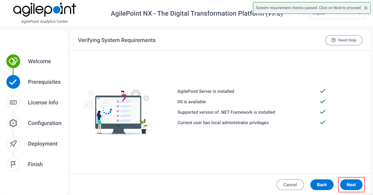 Analytics Center Verifying System Requirements screen