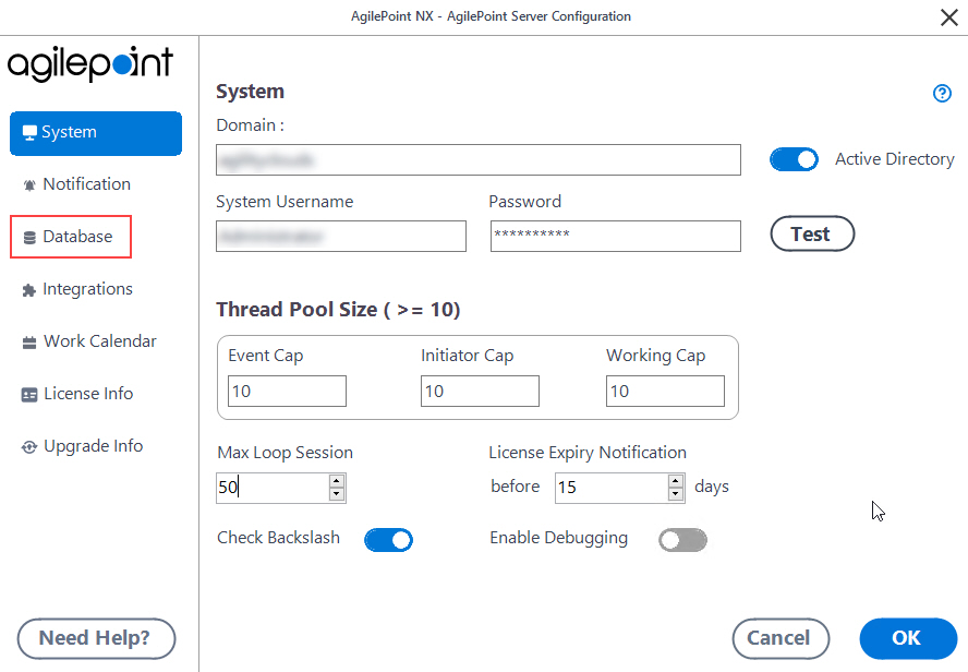 Click Database tab