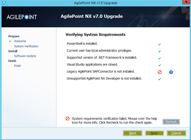 Verifying System Requirements screen Upgrade Installer